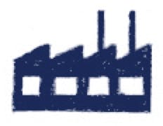 Stylized black-and-white silhouette of a factory.