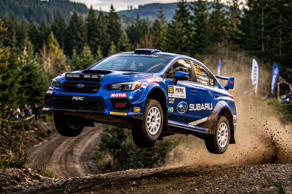 Subaru WRX rally car on white wheels catching air on a rally stage