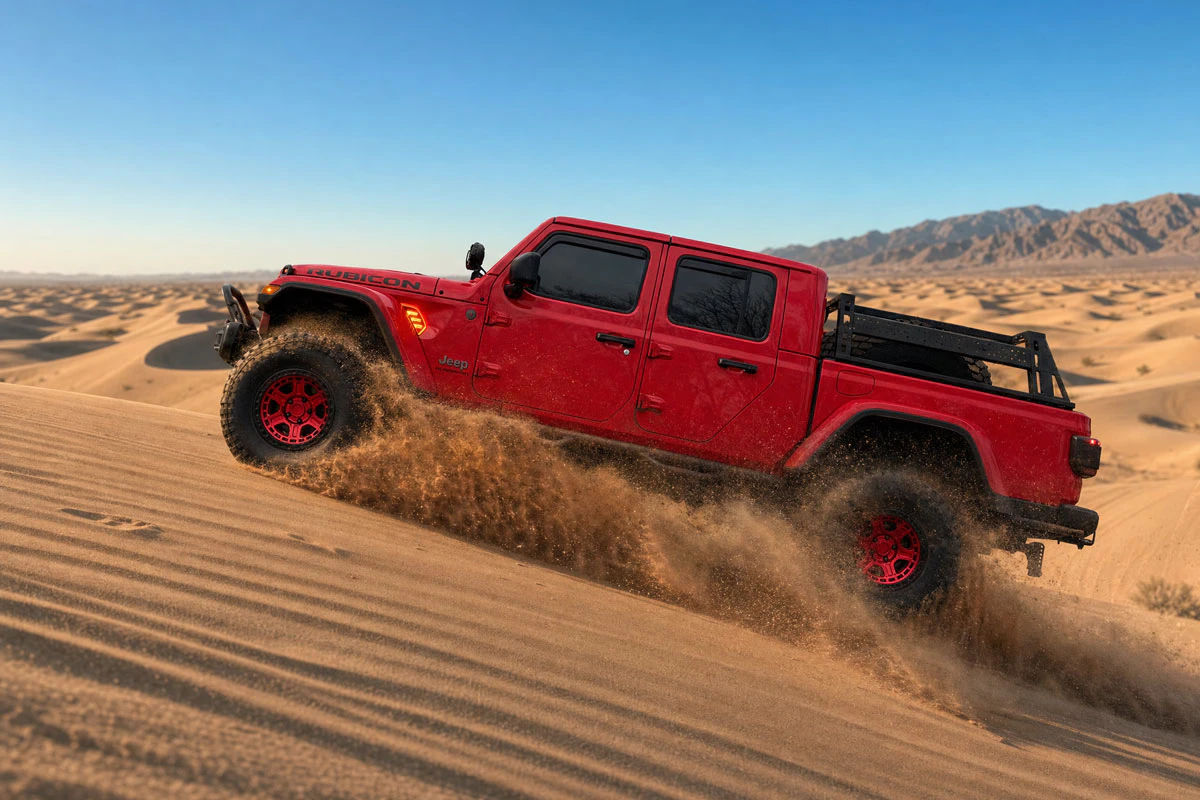 Jeep Gladiator Mojave on red wheels in the desert dunes