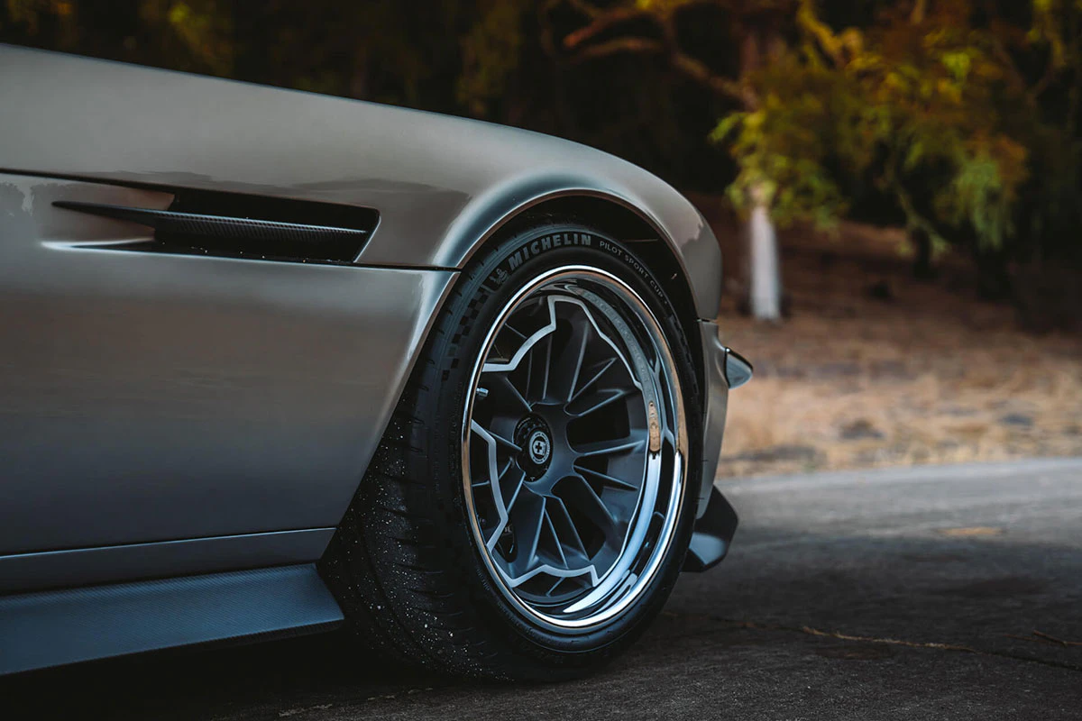 Close up of gunmetal wheels showing the design detail