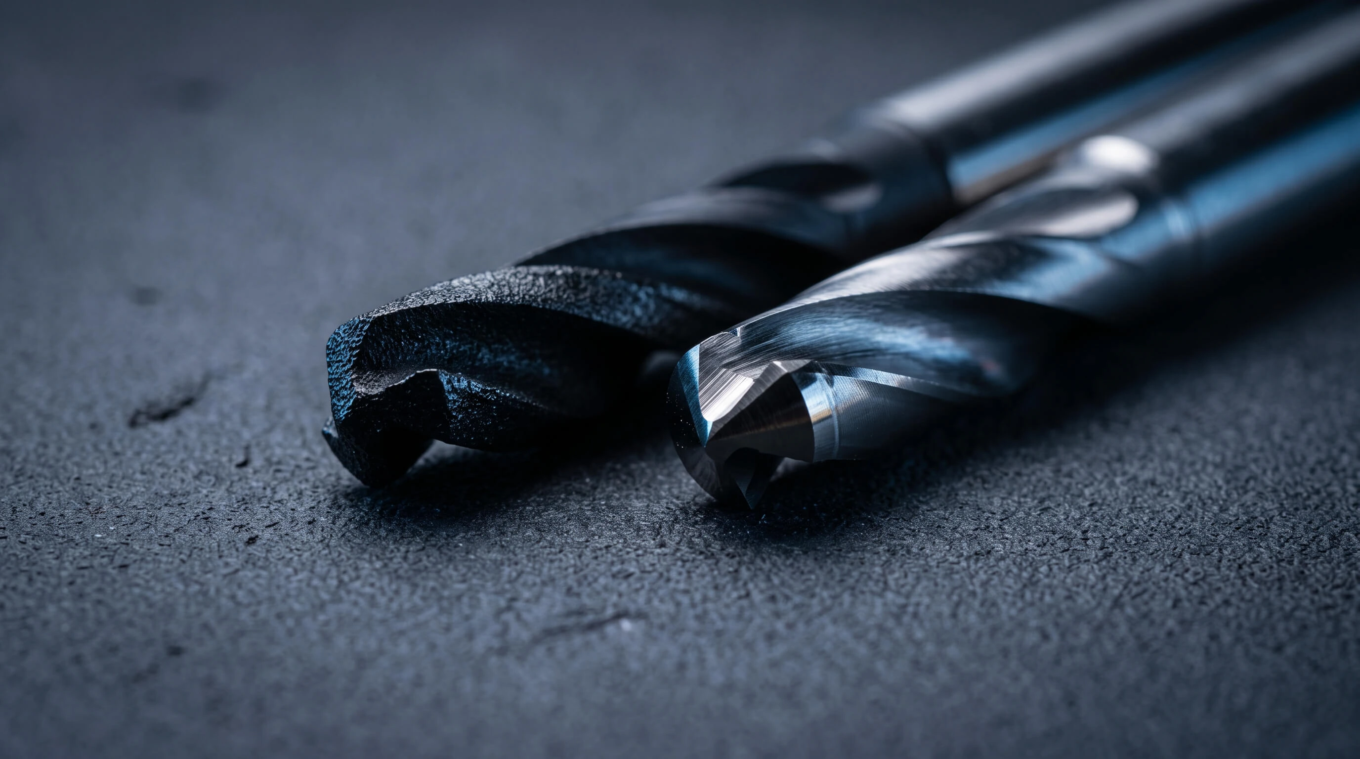 Side-by-side comparison of a matte black CVD diamond-coated drill and a polished carbide brazed PCD drill on a dark surface for composite drilling applications.