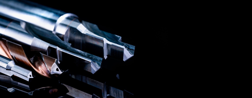 Close-up of solid carbide cutting tools used in precision machining applications