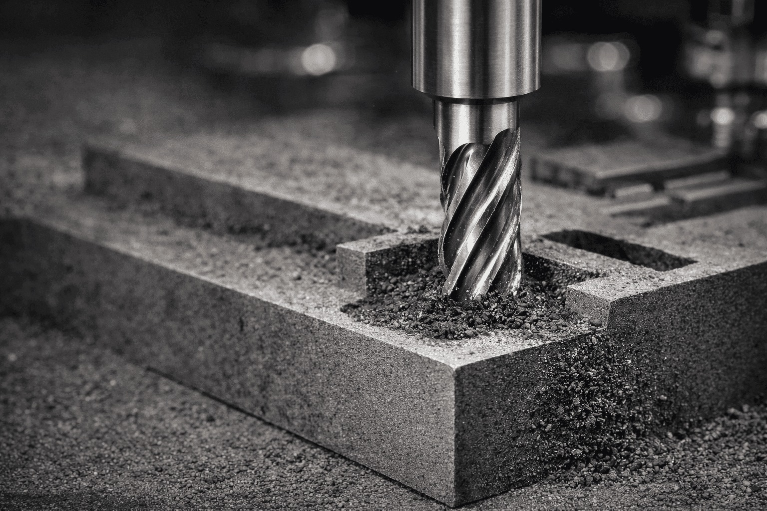 Diamond coated CNC end mill cutting graphite block for precision machining.