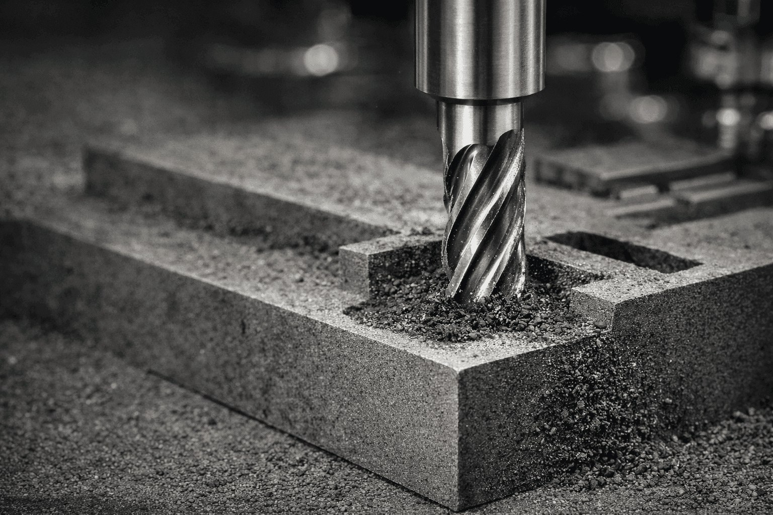 Diamond coated CNC end mill cutting graphite block for precision machining.