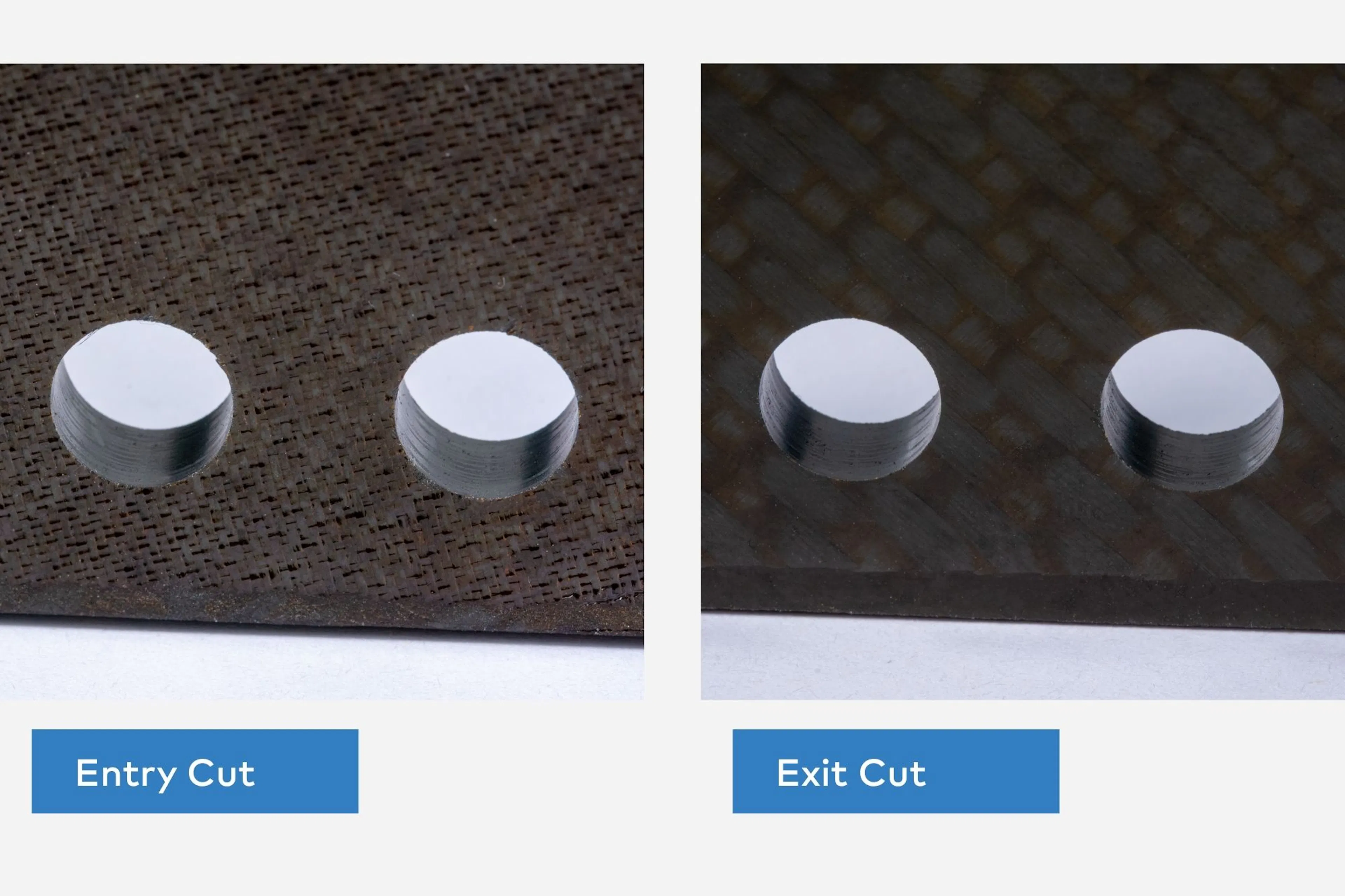 Diamond coated 2 flute drill entry and exit cut