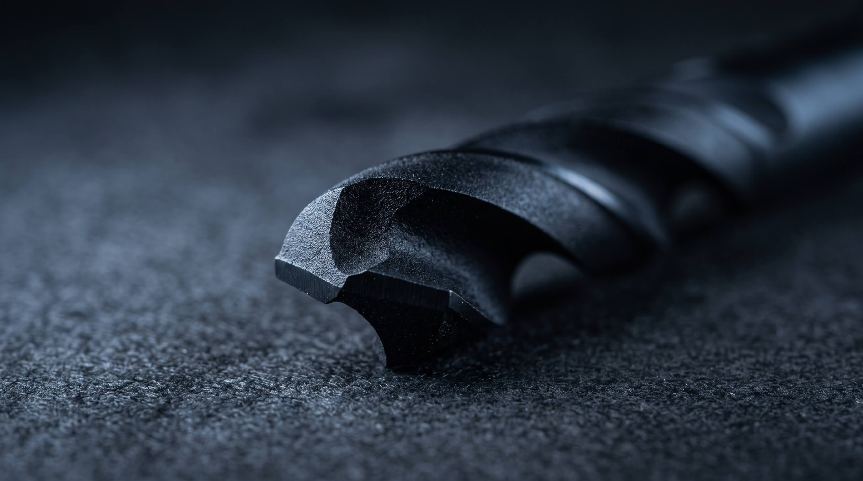 Extreme macro photograph of a solid carbide twist drill bit with a matte black CVD diamond coating on a dark charcoal background.