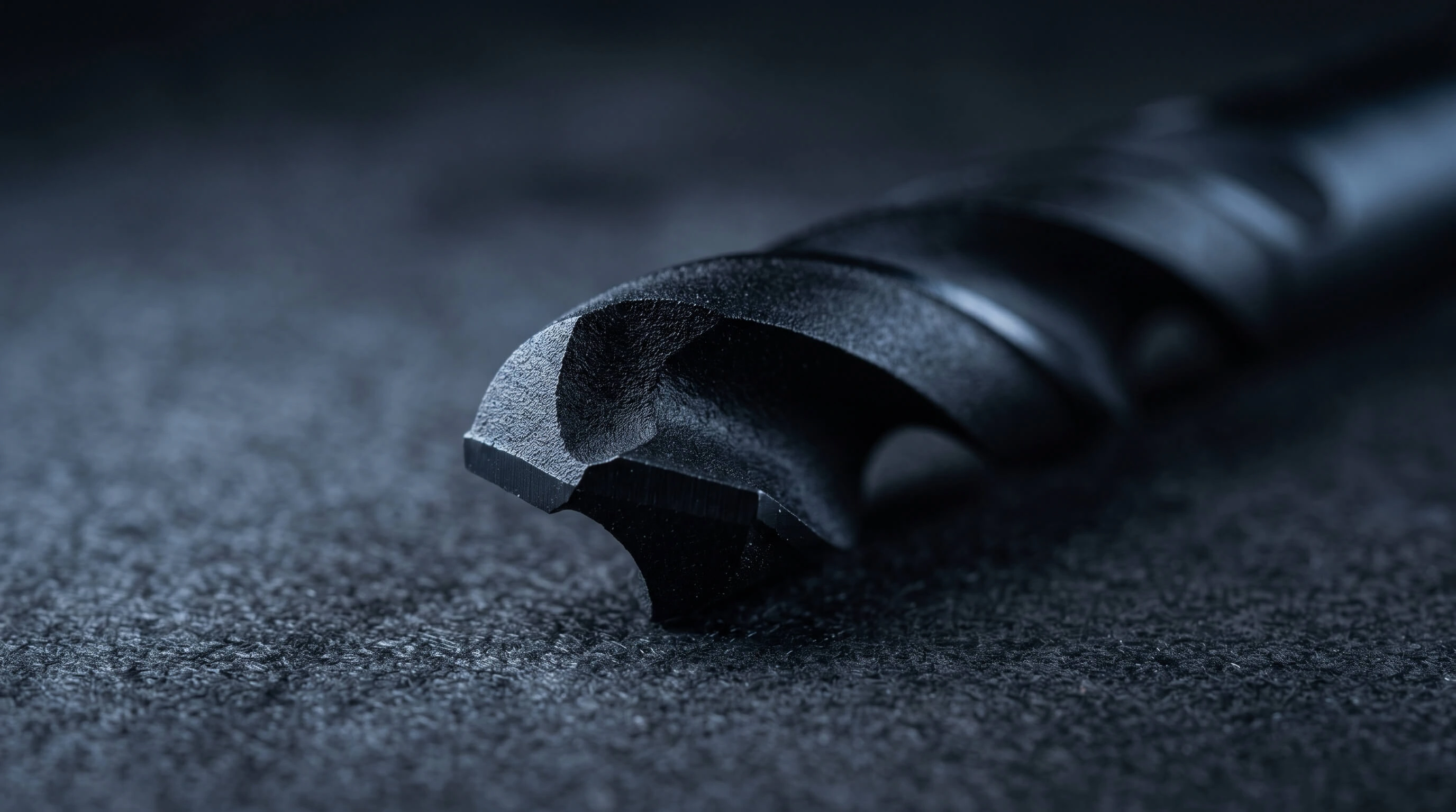 Extreme macro photograph of a solid carbide twist drill bit with a matte black CVD diamond coating on a dark charcoal background.