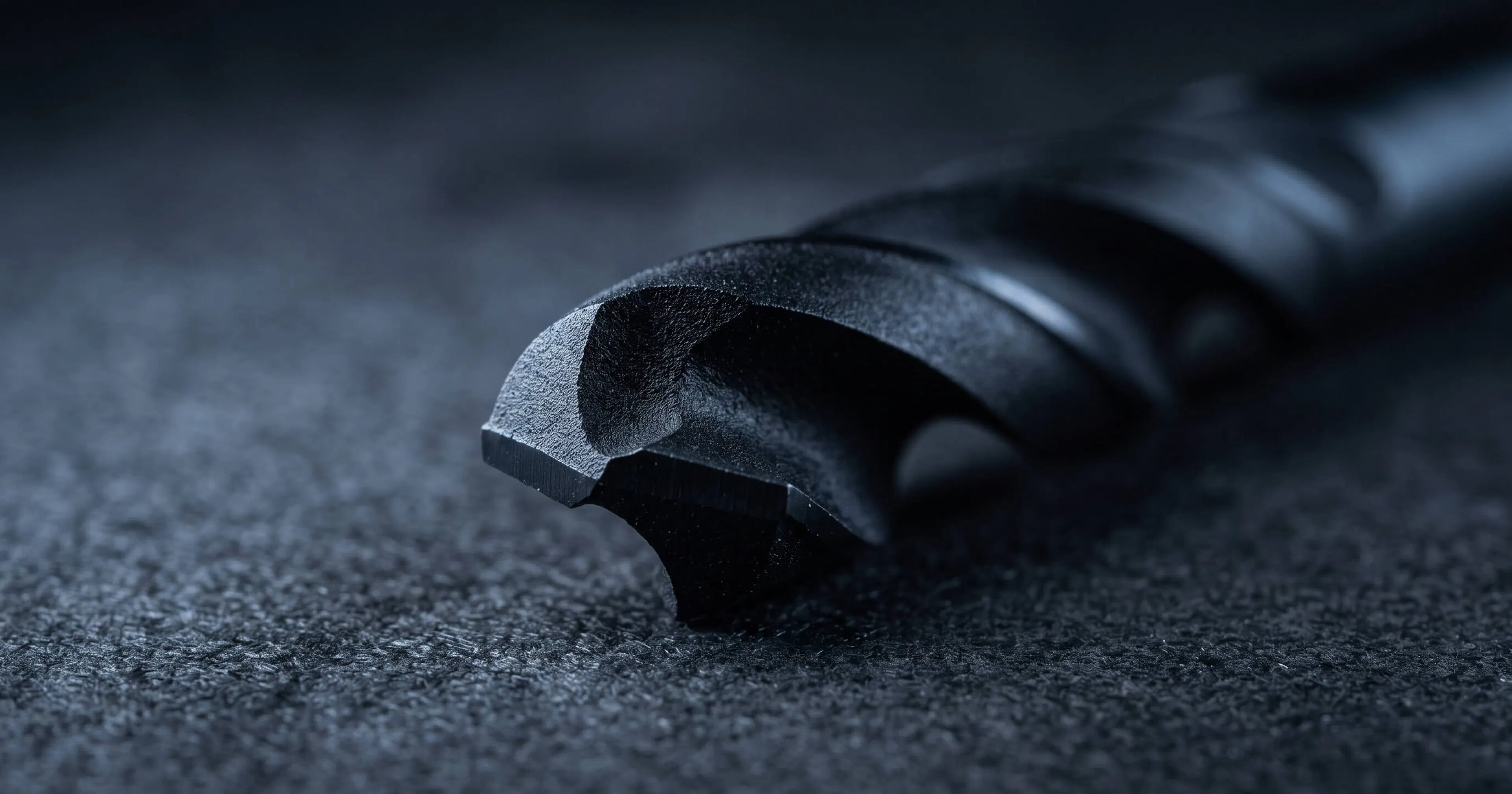 Extreme macro photograph of a solid carbide twist drill bit with a matte black CVD diamond coating on a dark charcoal background.