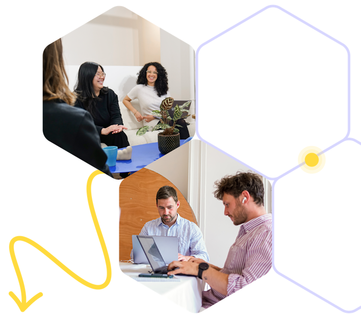 Two photos in the shape of a honeycomb cell: one of people smiling at each other, and the other of people working on computers.