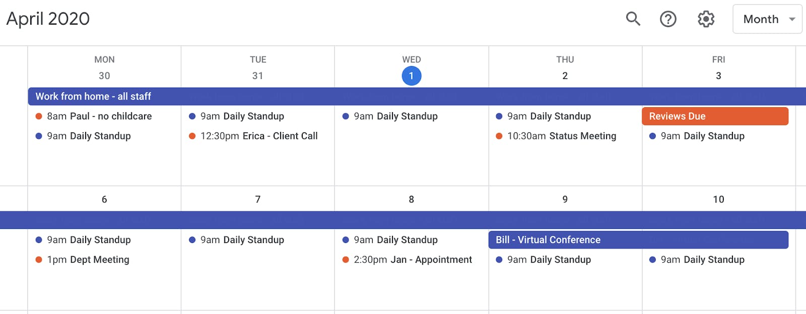 Google calendar with meetings and events.