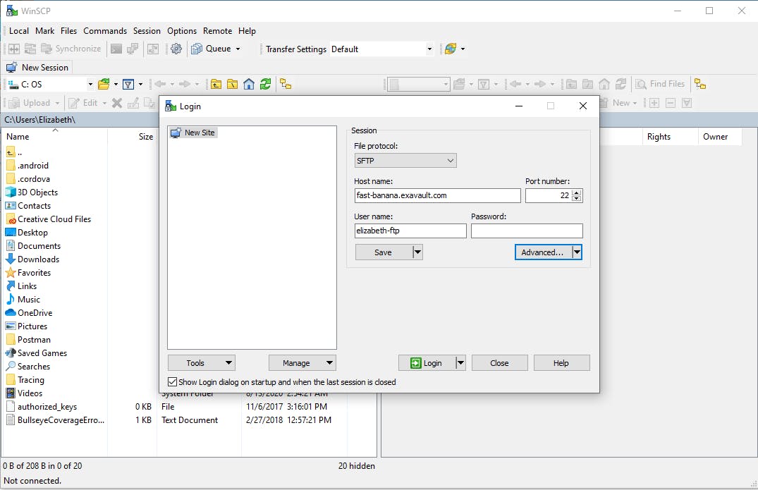 Login screen to connect and import SSH keys in WinSCP.