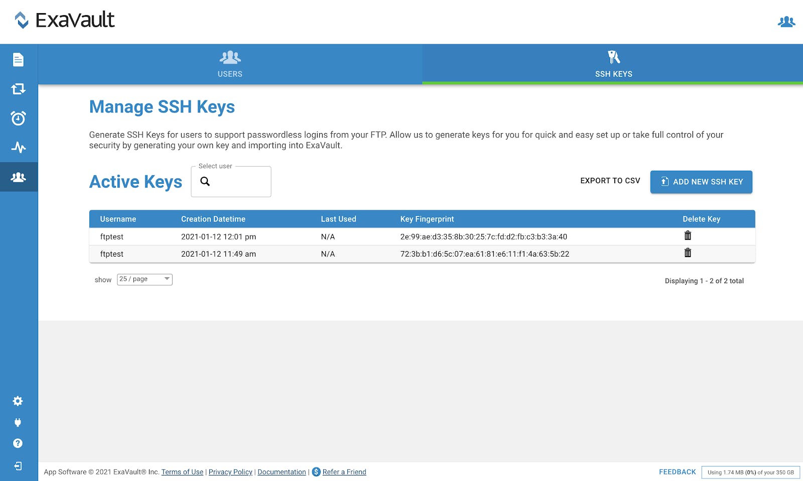 Interface for managing SSH keys in ExaVault.