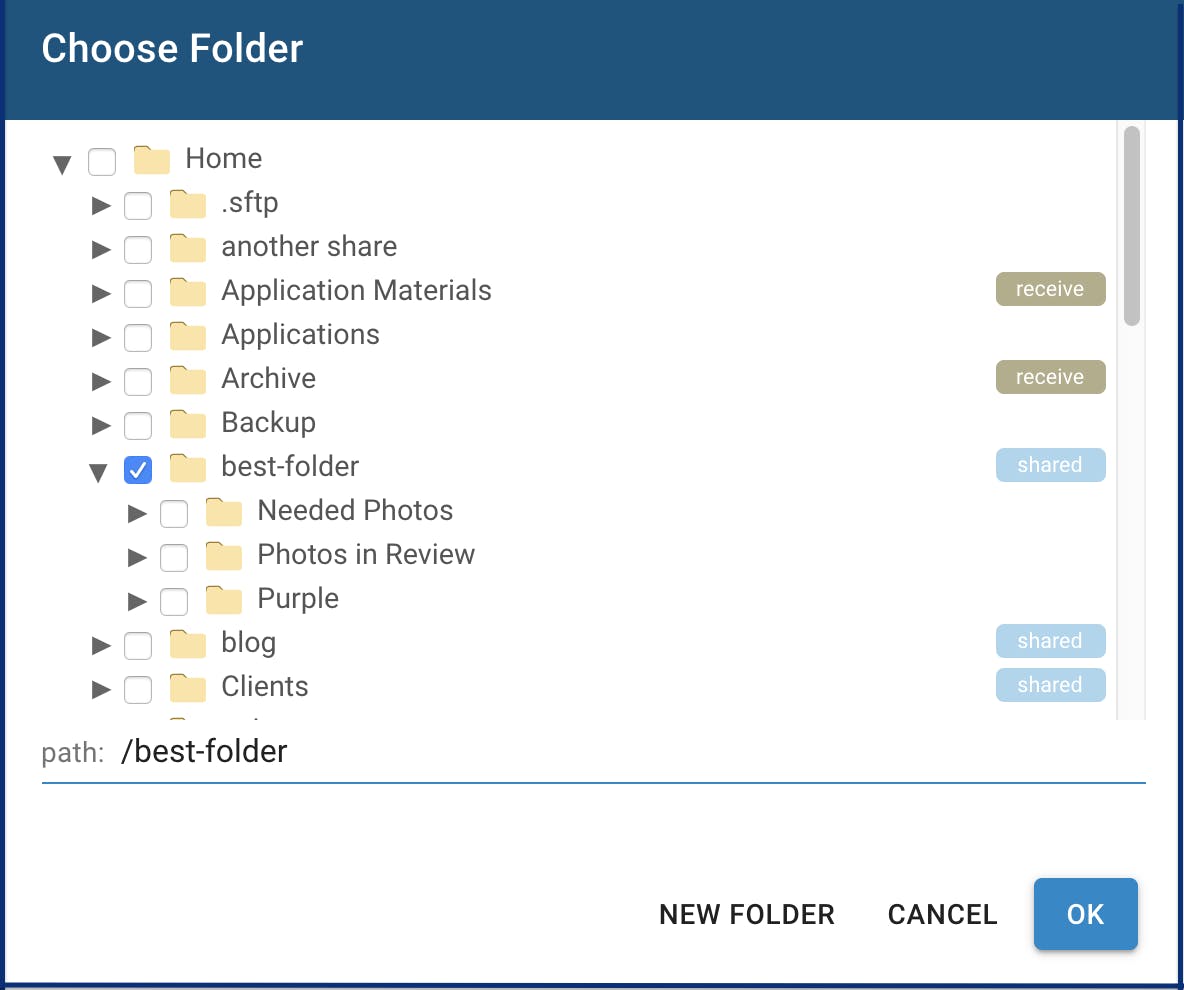 Selecting user home folder for file sharing permission.