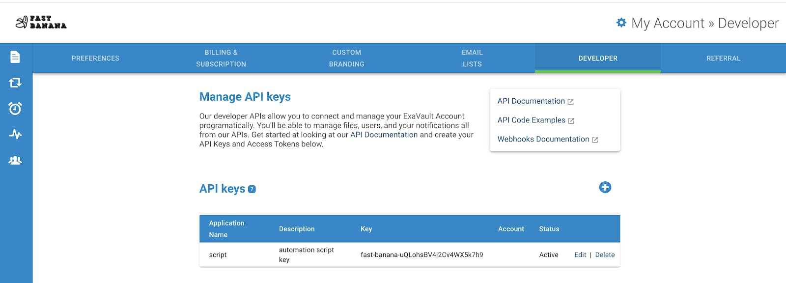 Manage v2 API keys in the ExaVault app.