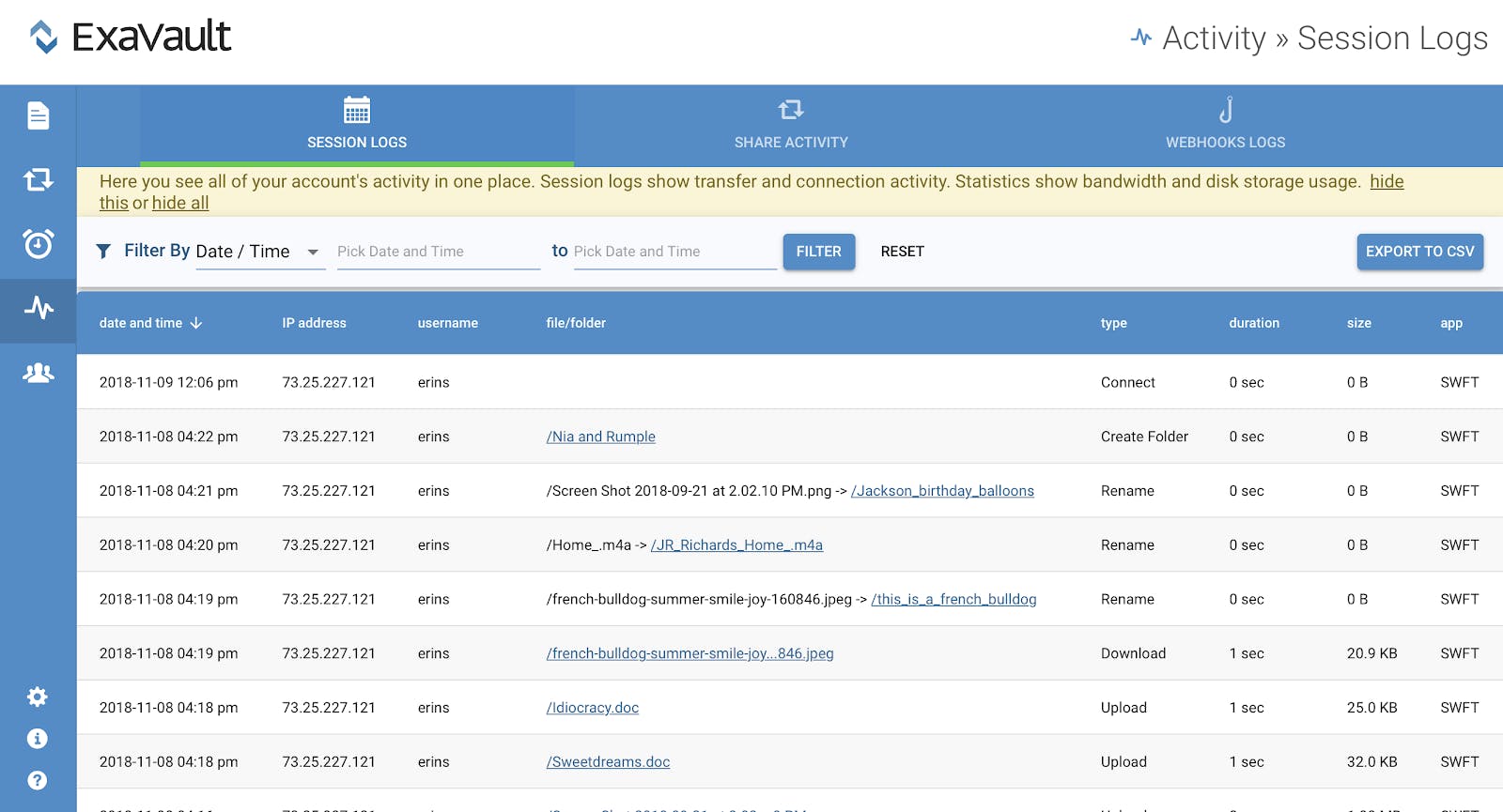 ExaVault file sharing activity logs.