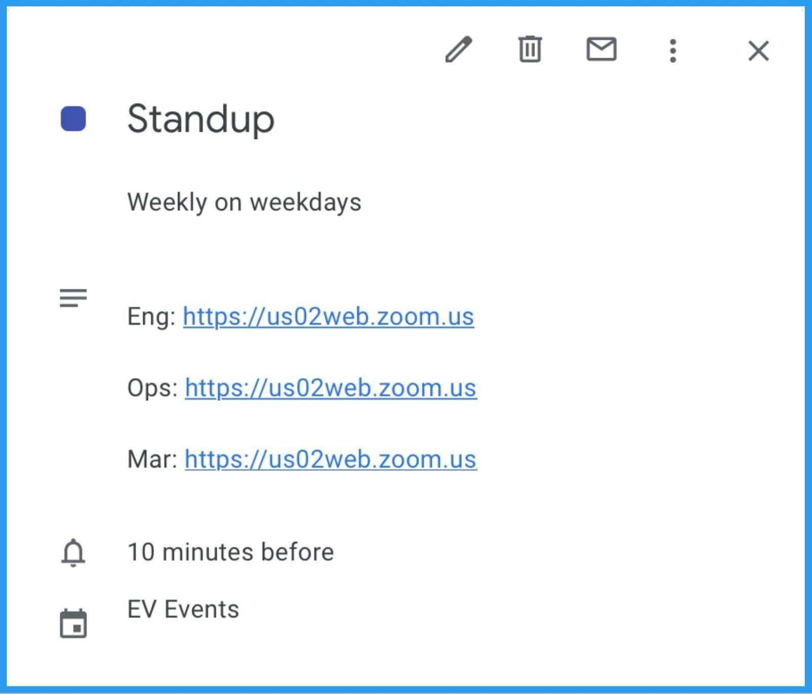 Stand-up calendar event divided into three meetings.