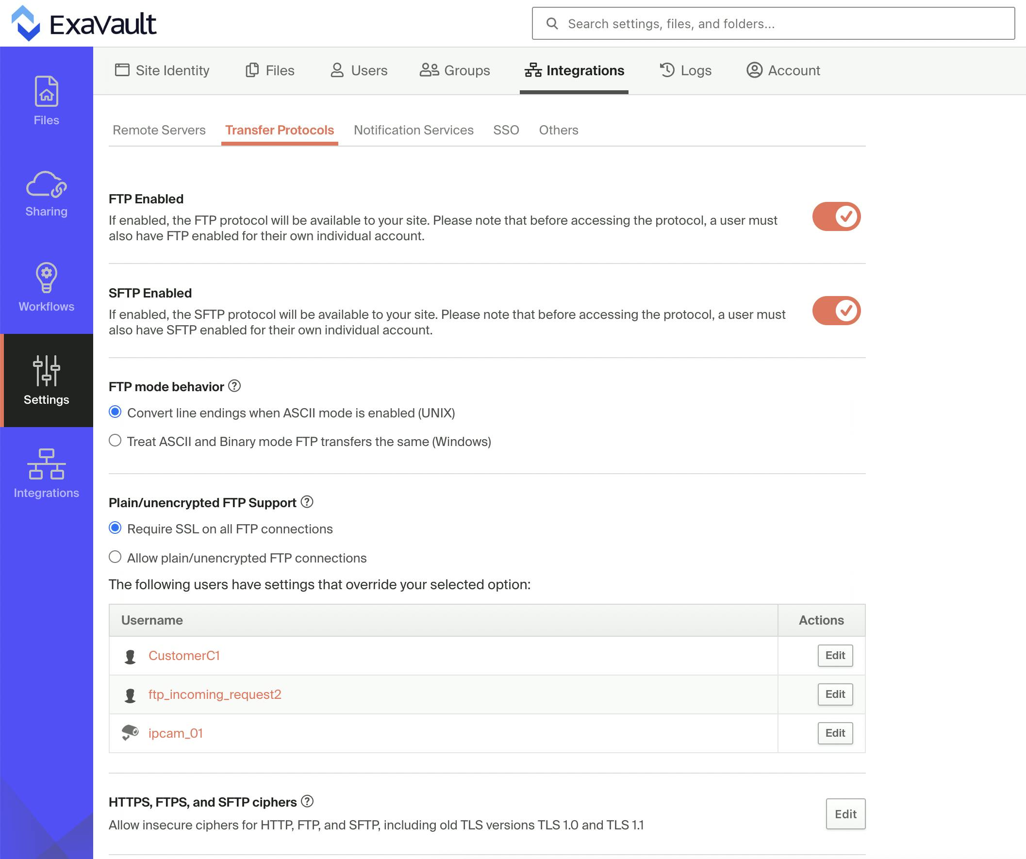 Enable FTP, SFTP and other protocol integration options.