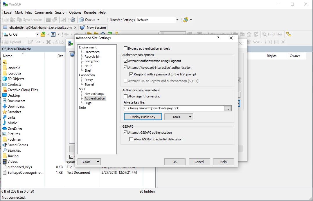 WinSCP advanced site settings.