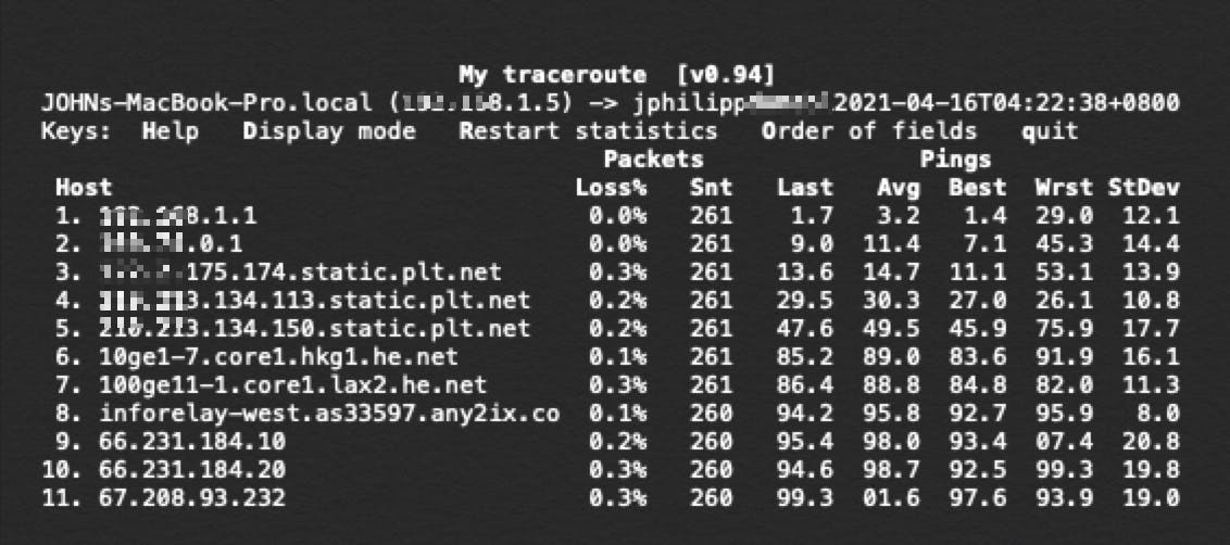 My traceroute with minimal packet loss.