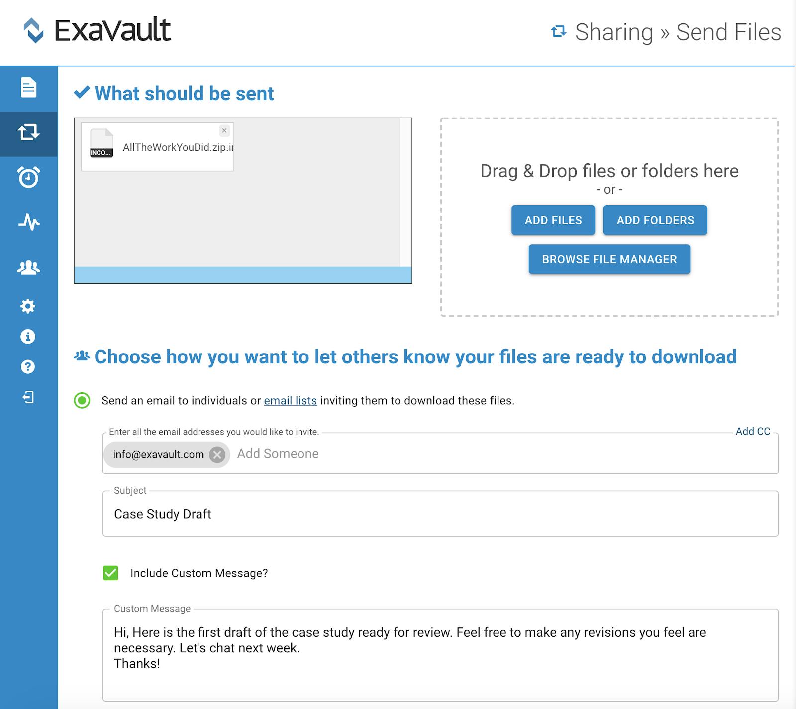 ExaVault file transfer interface.