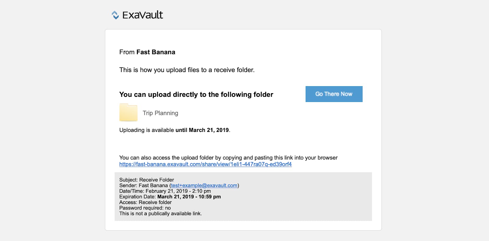 Email invite for customers to upload files to a receive folder in ExaVault.