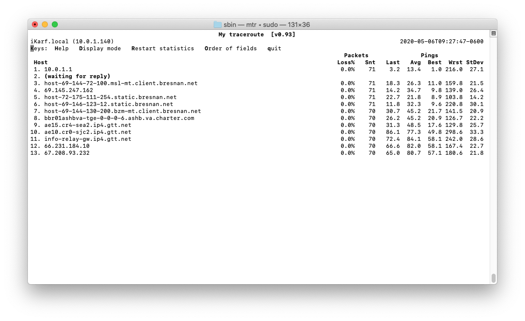 My traceroute output for diagnosing connection issues.