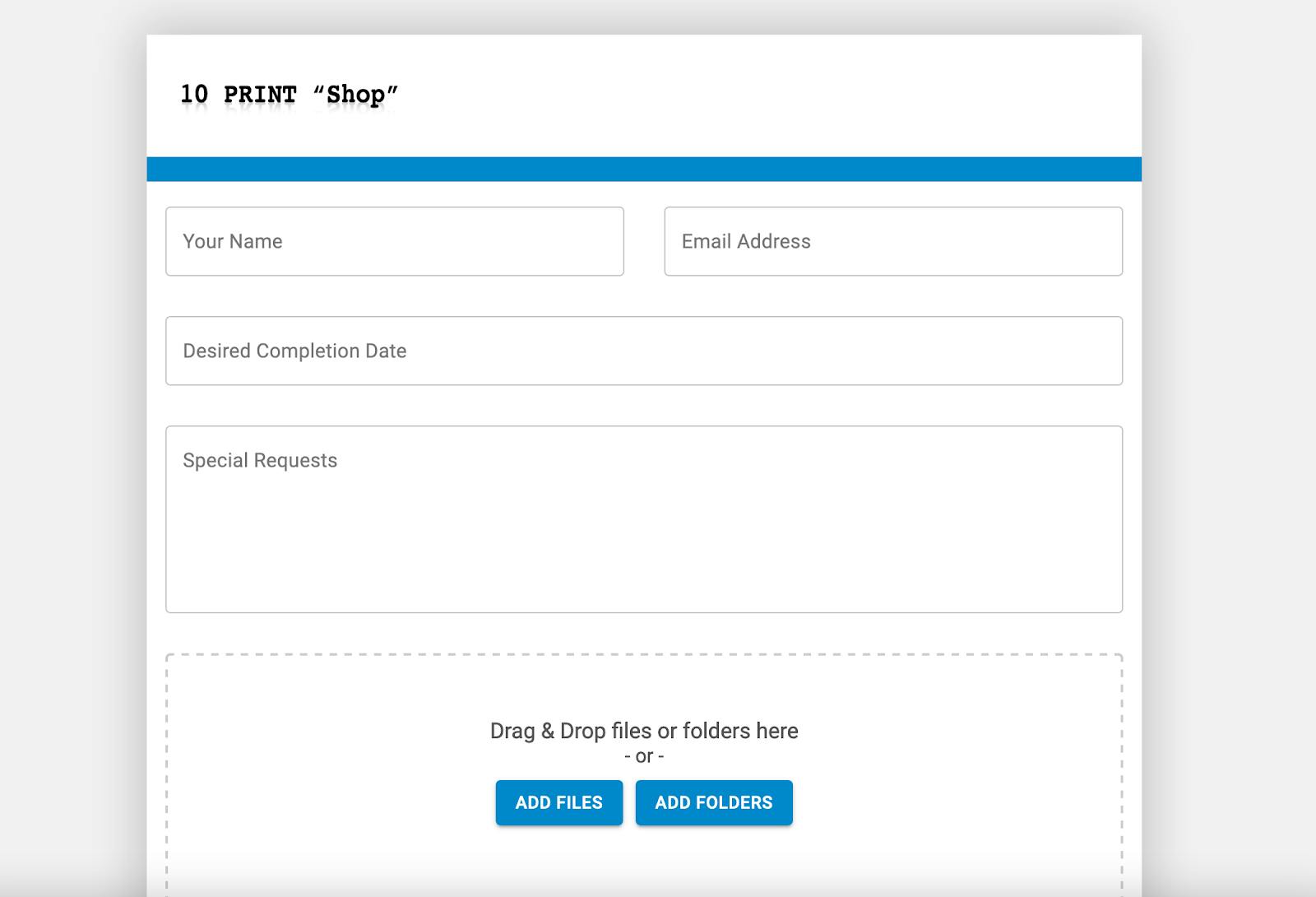 Customized form to receive secure files.