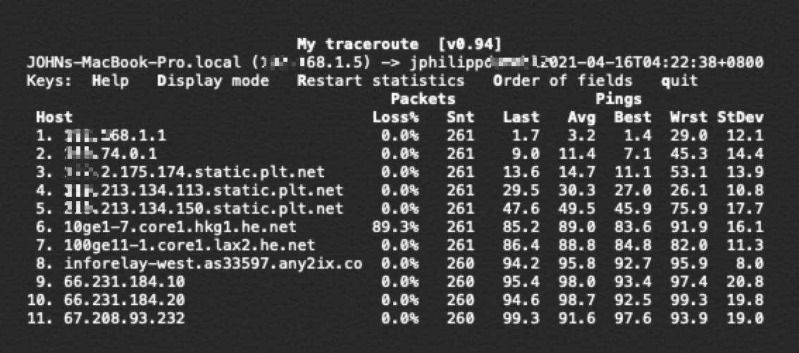 MTR results showing single occurrence packet loss.