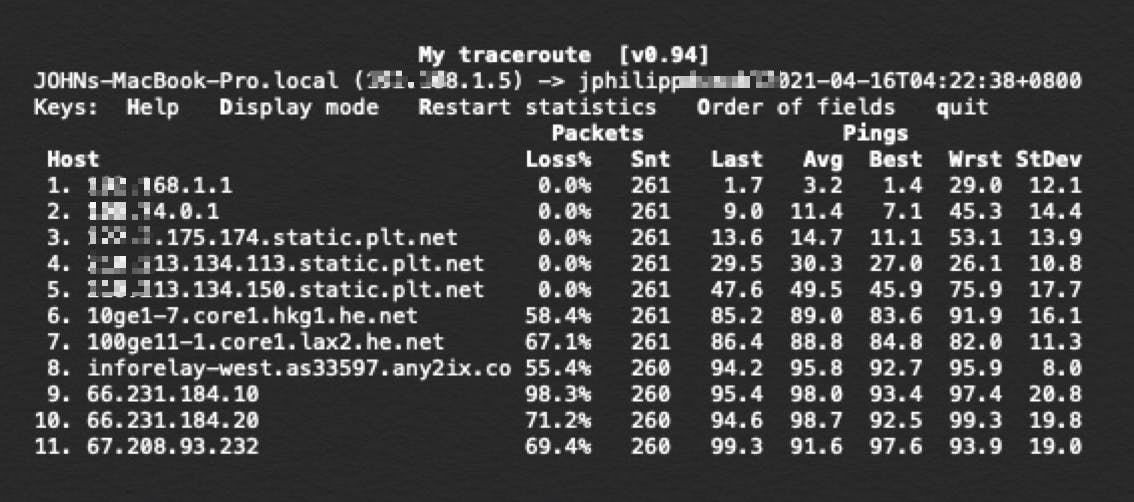 Significant packet loss showing in MTR results.