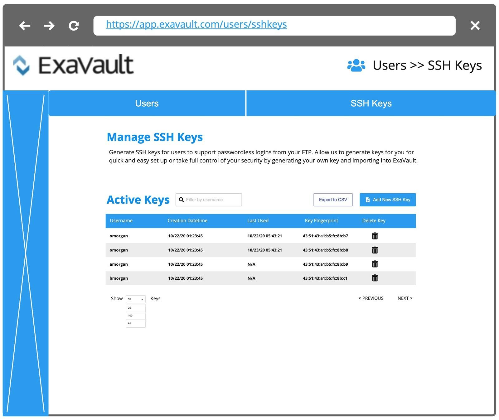 Early wireframe for SSH keys management interface.