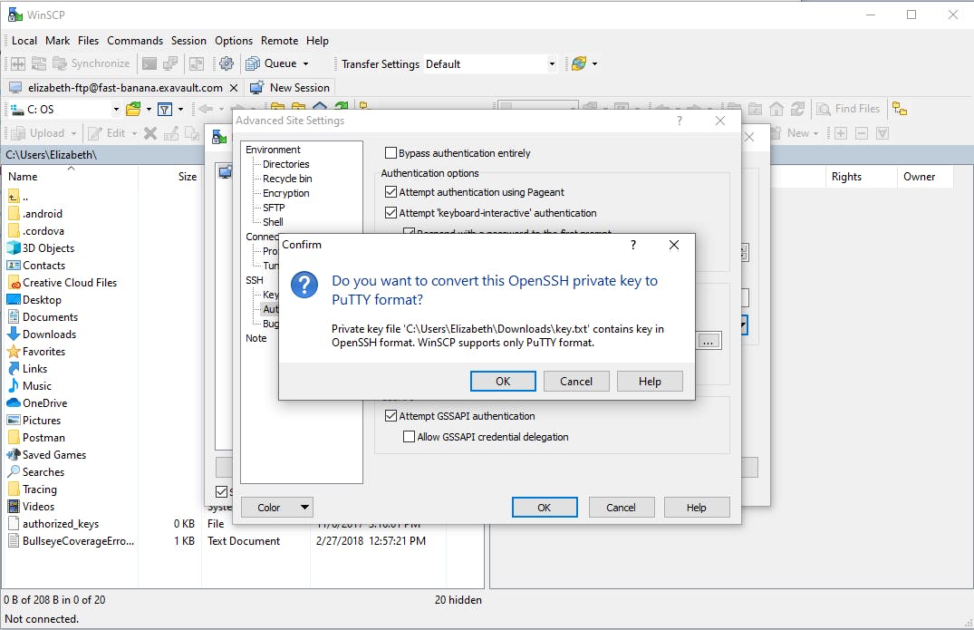 Convert SSH key to PuTTY format in WinSCP.