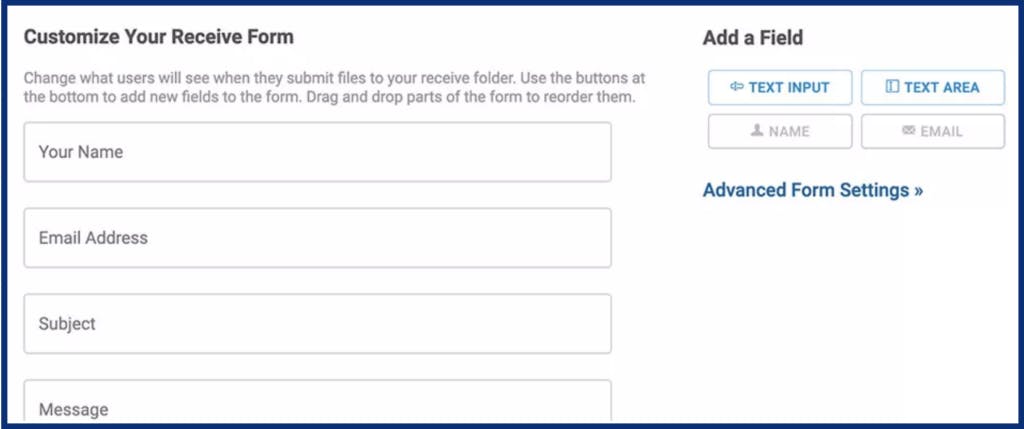 Options to customize your receive form for receive folders.