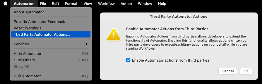 Notice to enable automator actions from third parties.