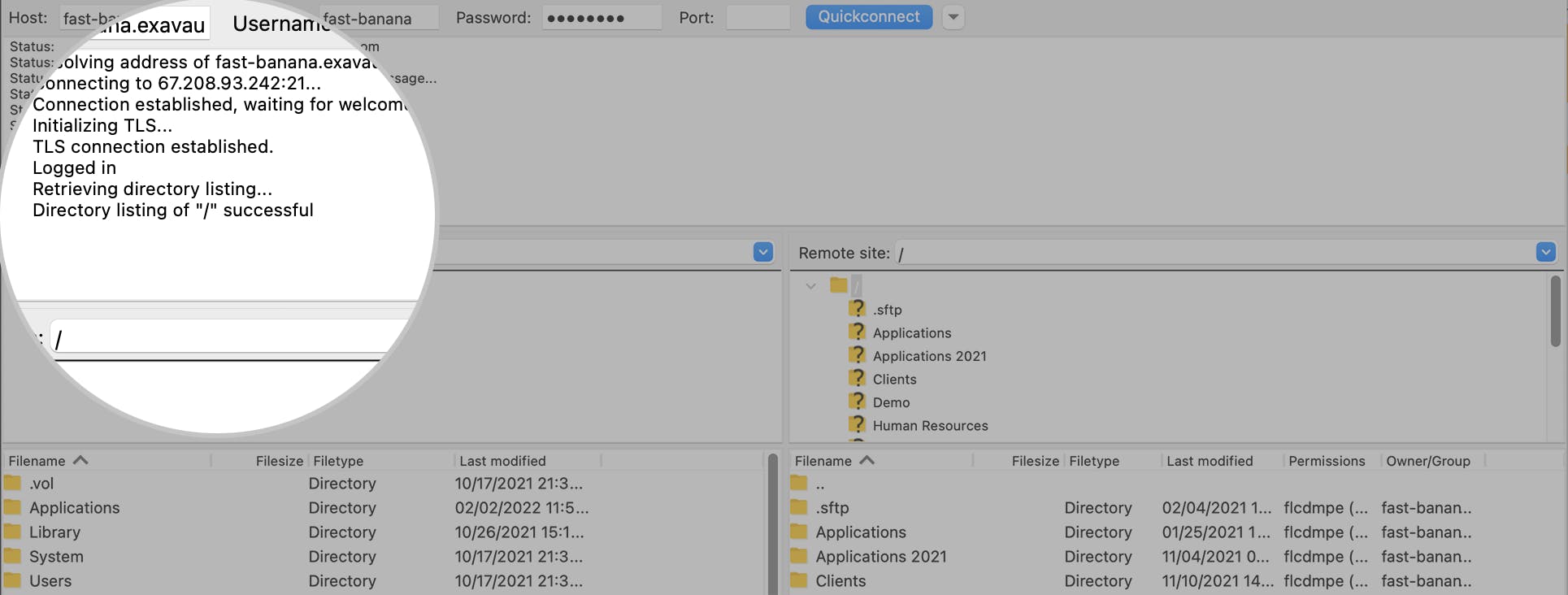 Screen shot showing FileZilla connecting.