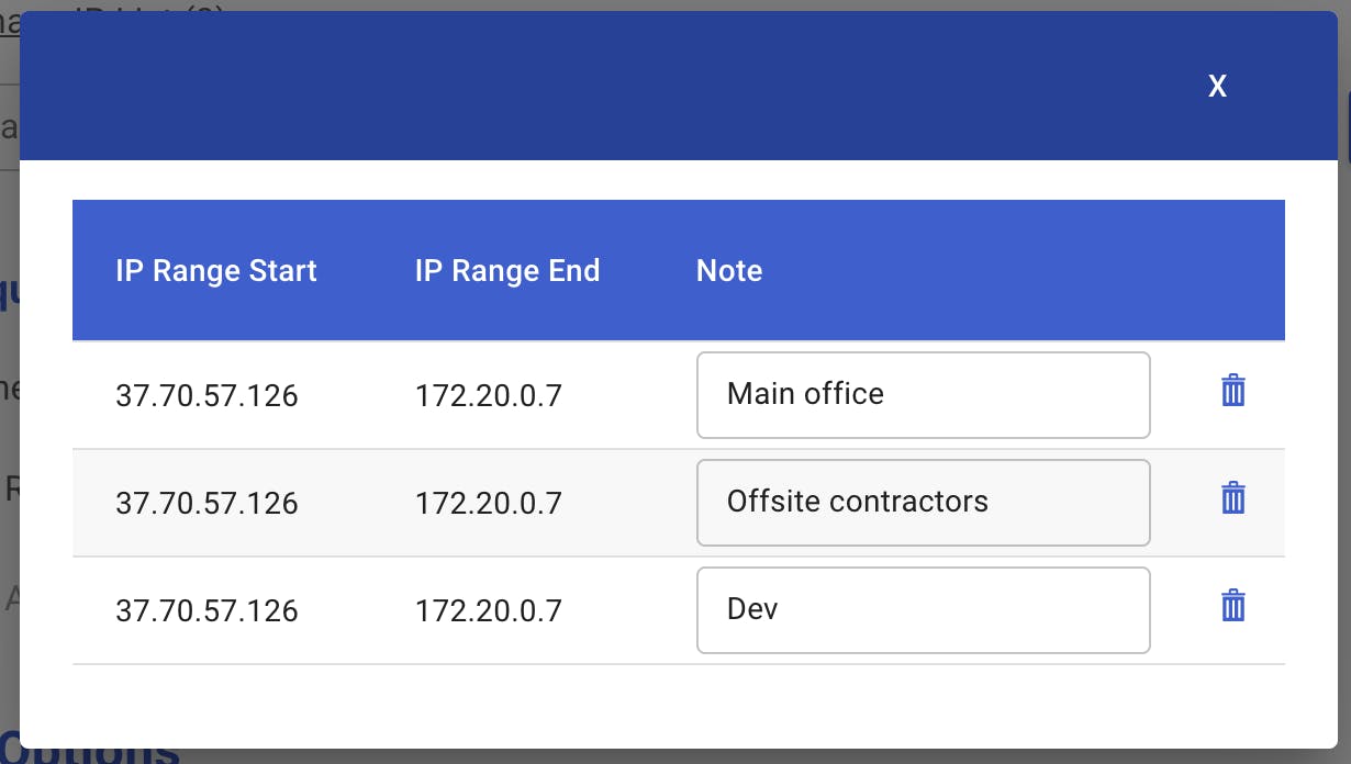 Account IP restrictions modal with note field.