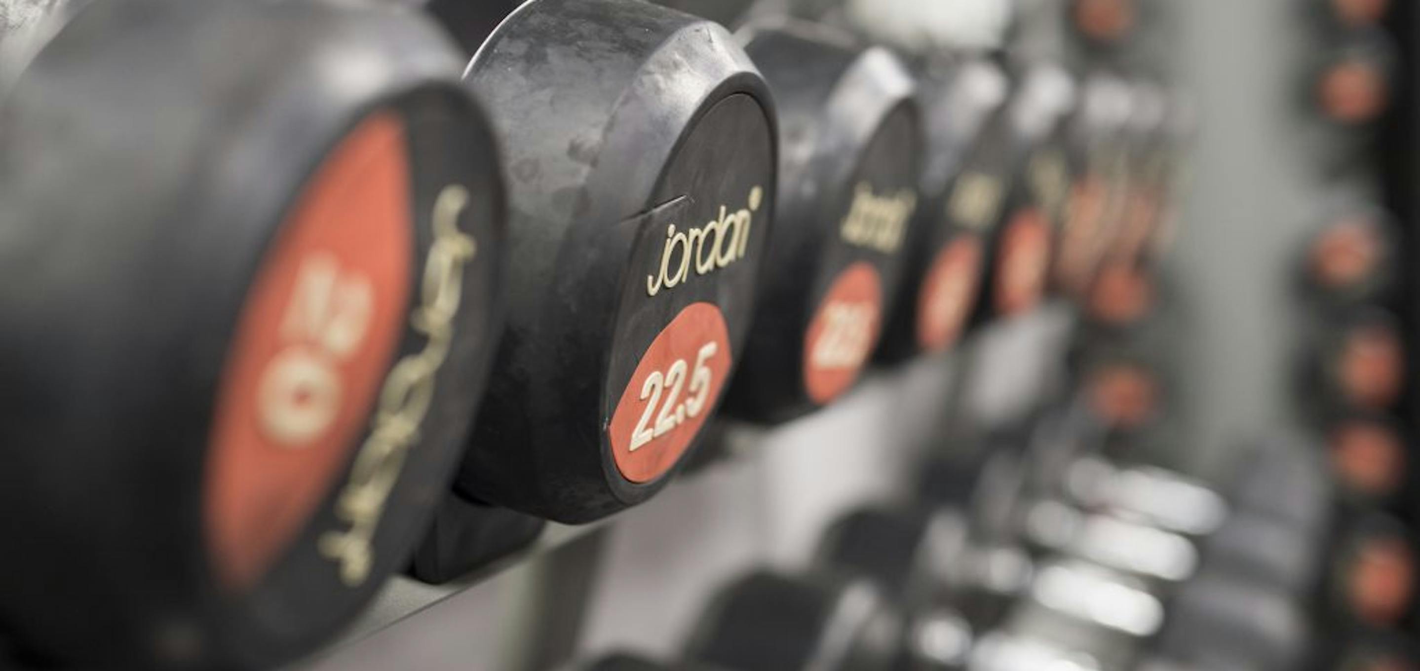 a selection of dumbbells on rack