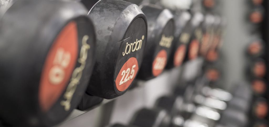 a selection of dumbbells on rack