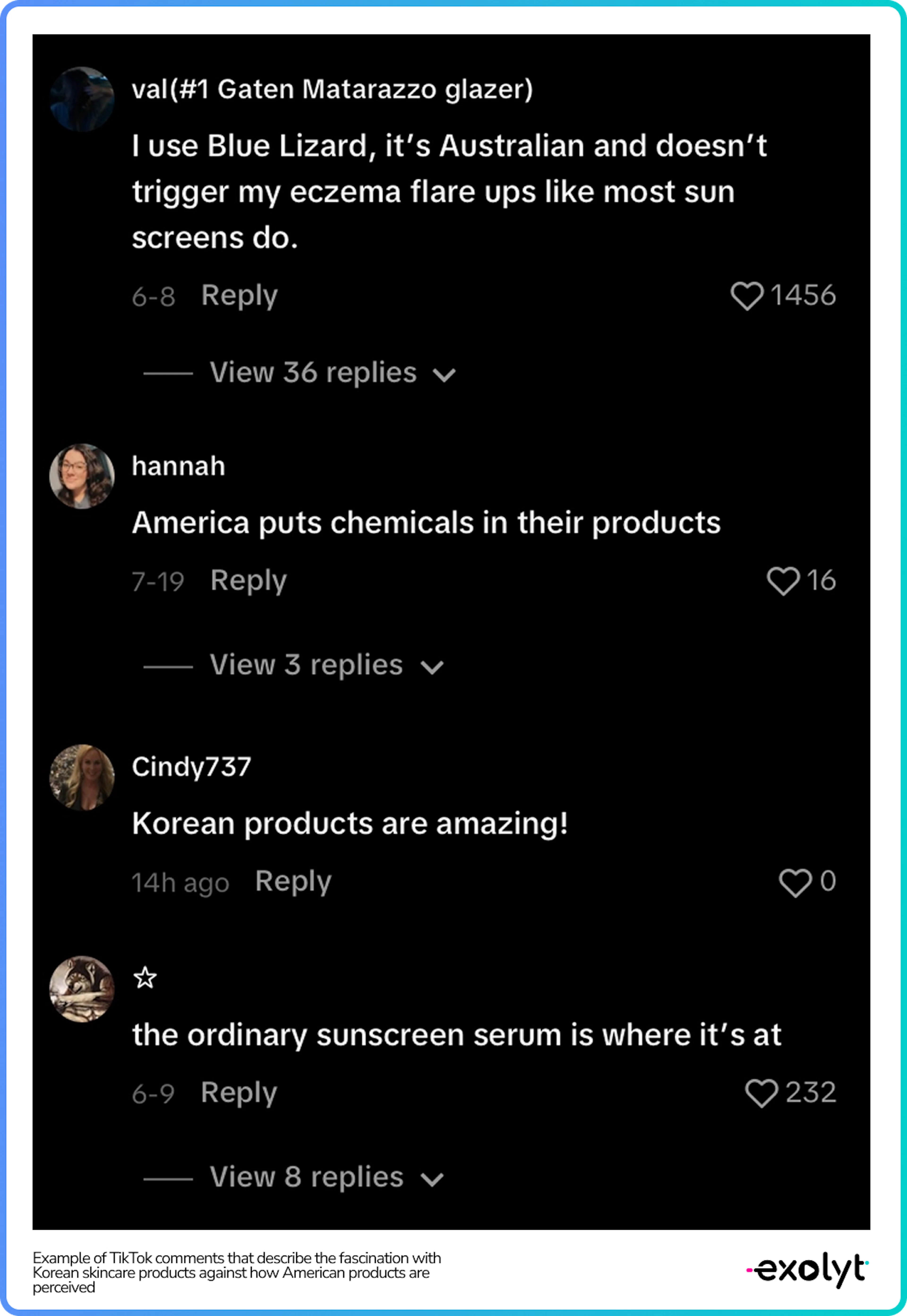 A TikTok screenshots that displays how Korean skincare products are perceived against American's products