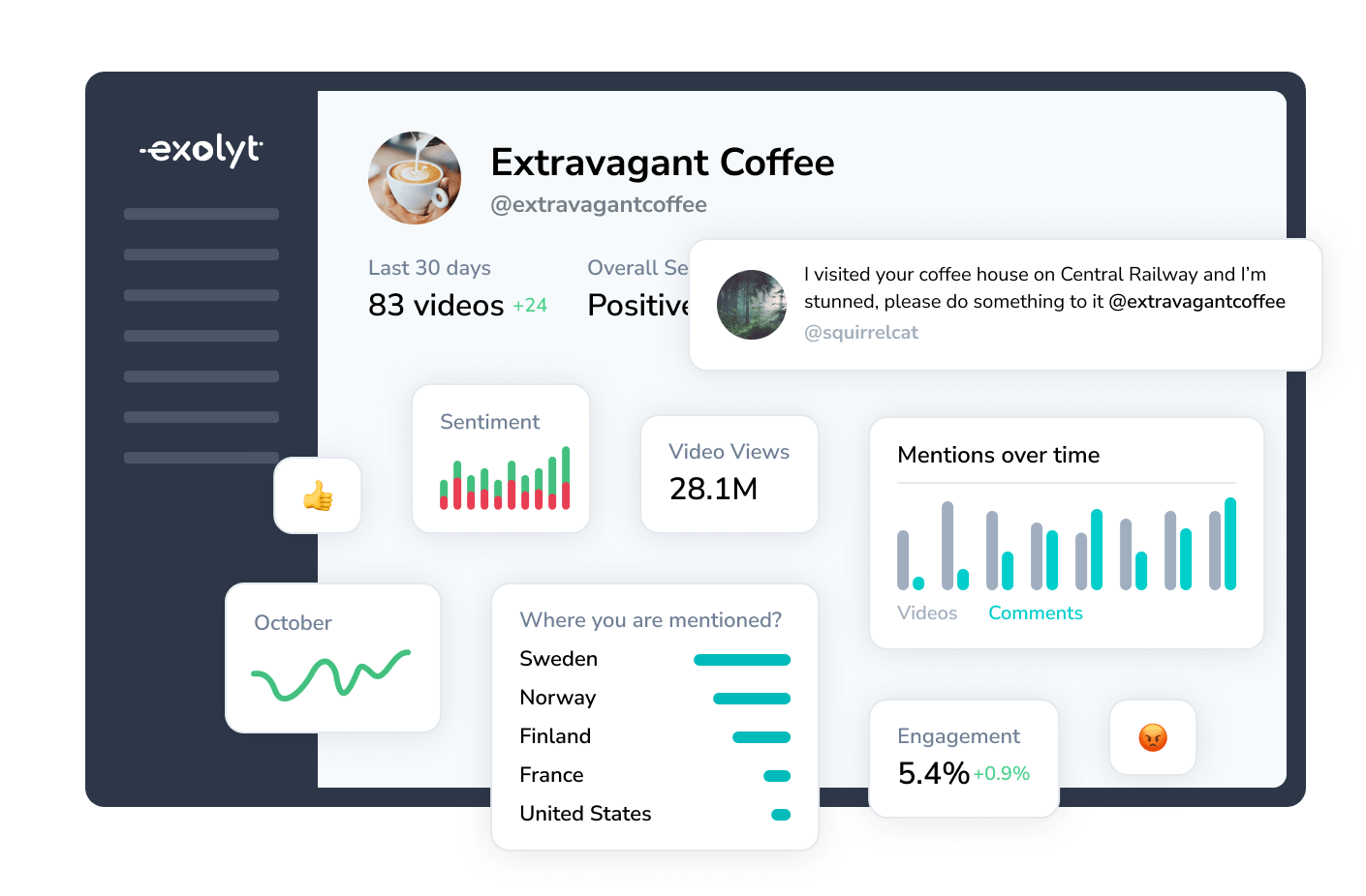 An account-level dashboard view shows different account metrics, such as video views, engagement rates, mentions, and comments.