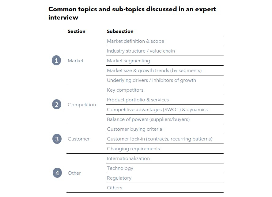 Common topics and sub-topics discussed in an expert interview