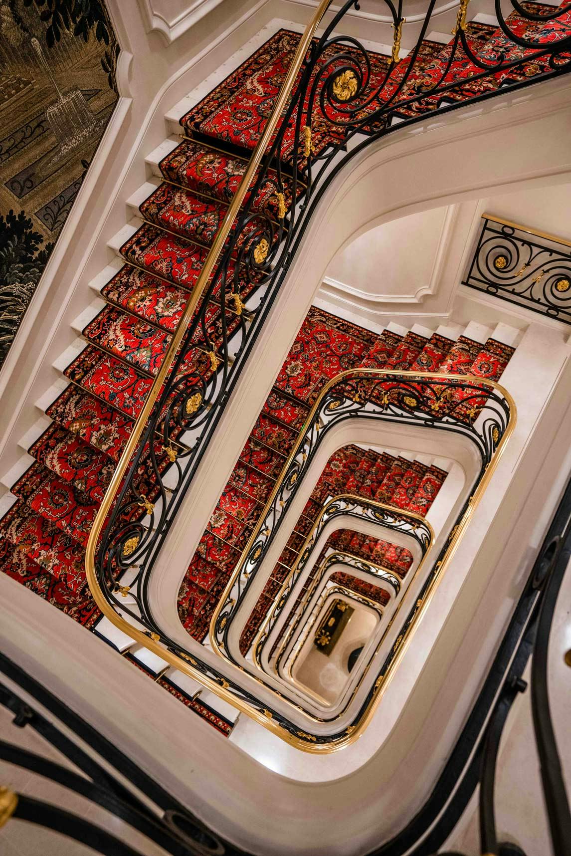 Red Staircase Look Down in Hôtel Ritz Paris