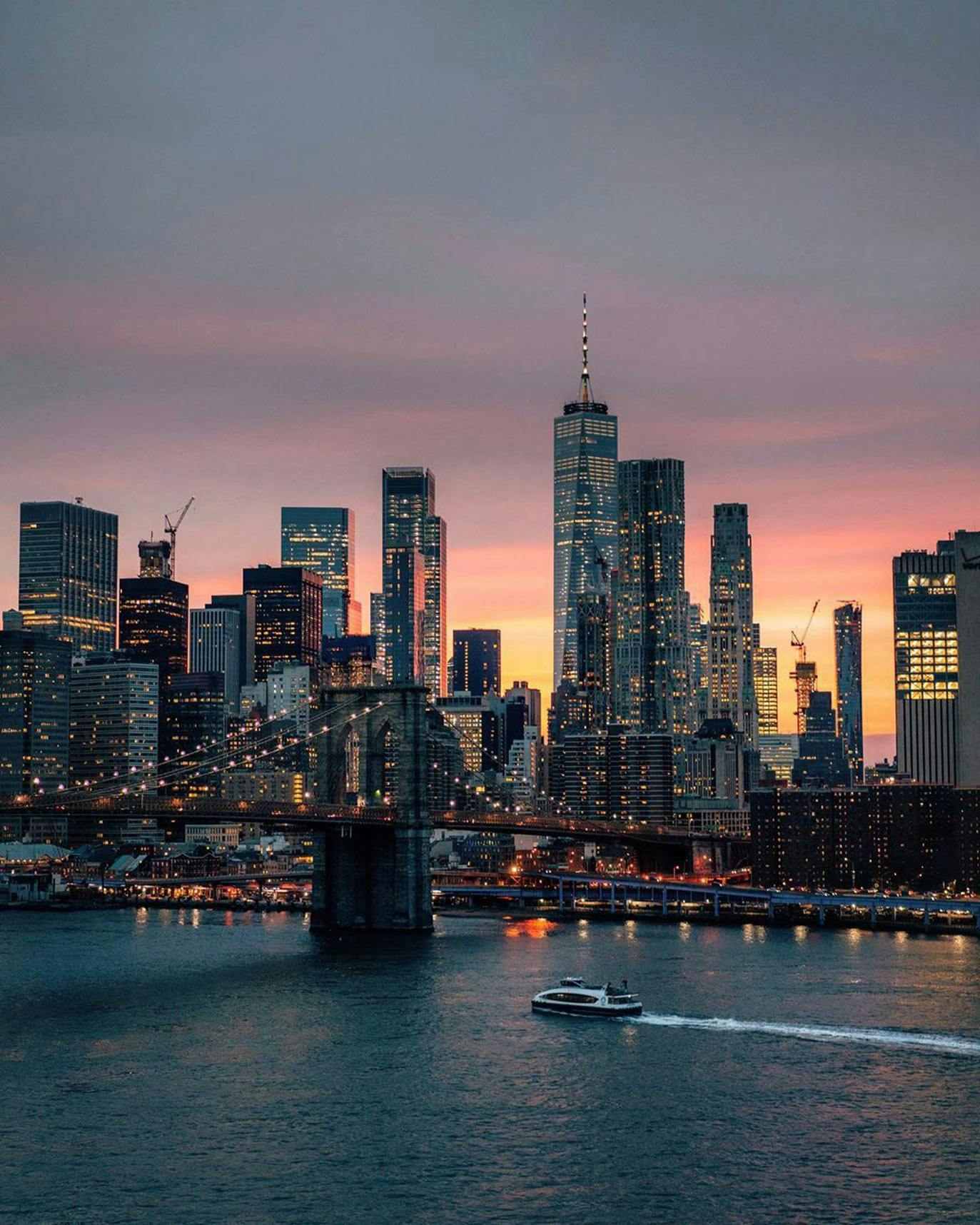 Manhattan Bridge view of East River, Brooklyn Bridge & One World Trade Center (Freedom Tower)