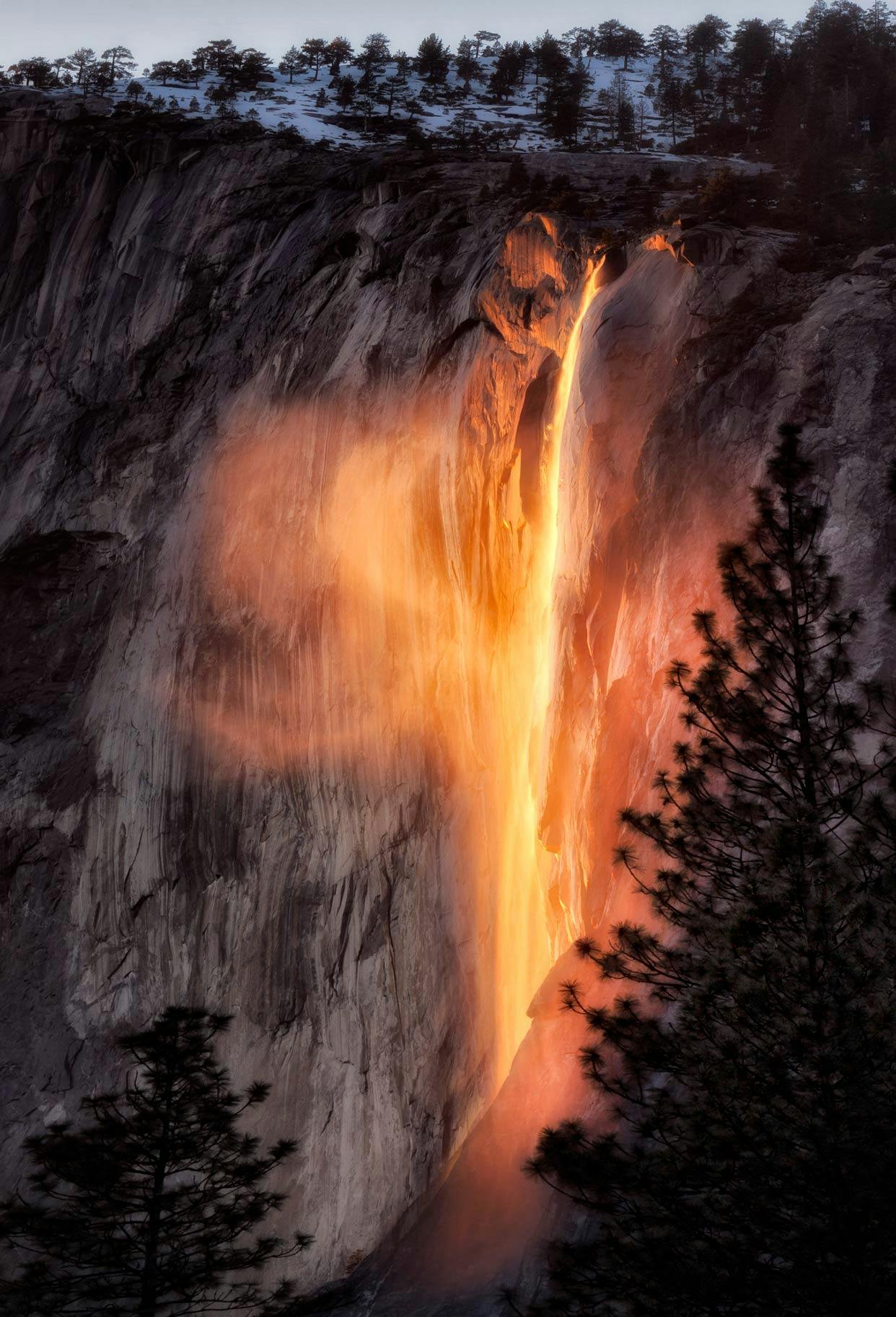 Merced Riverbank view of Horsetail Falls (Firefalls)