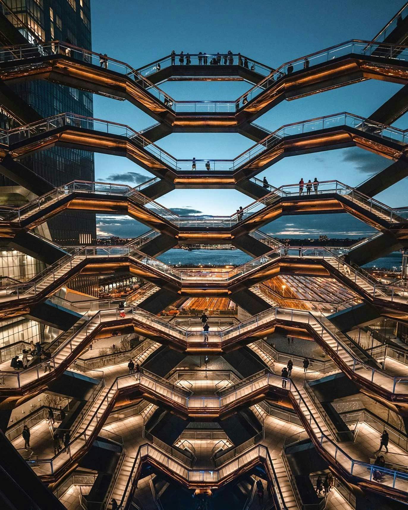 The Vessel Staircase & Hudson River at Hudson Yards