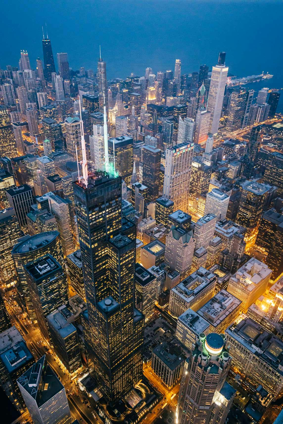 Willis Tower & the Chicago Skyline from Helicopter