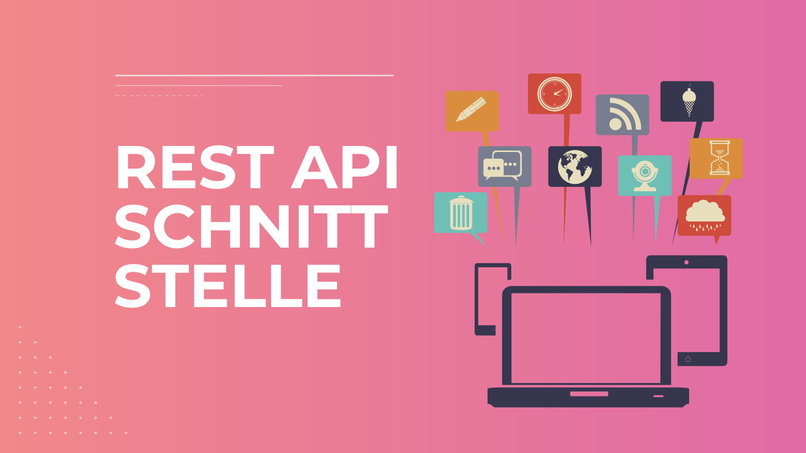 Blogcover mit Illustration mit vernetzten Geräten und dem Schriftzug "REST API Schnittstelle"