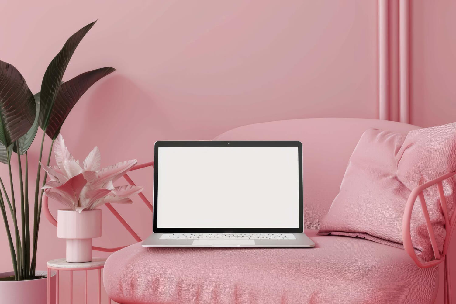 Laptop auf rosa Sessel