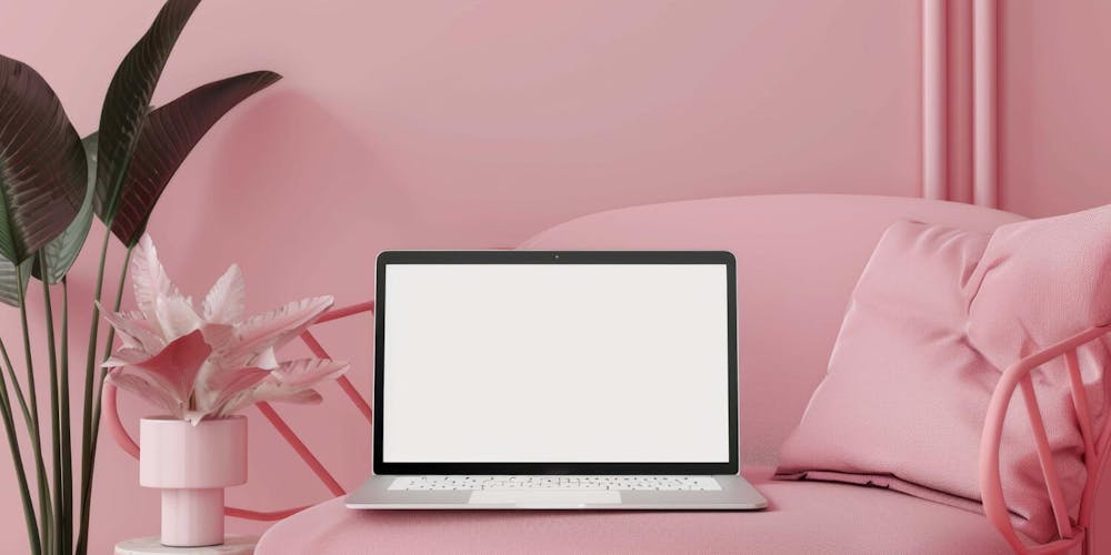 Laptop auf rosa Sessel Laptop auf rosa Sessel