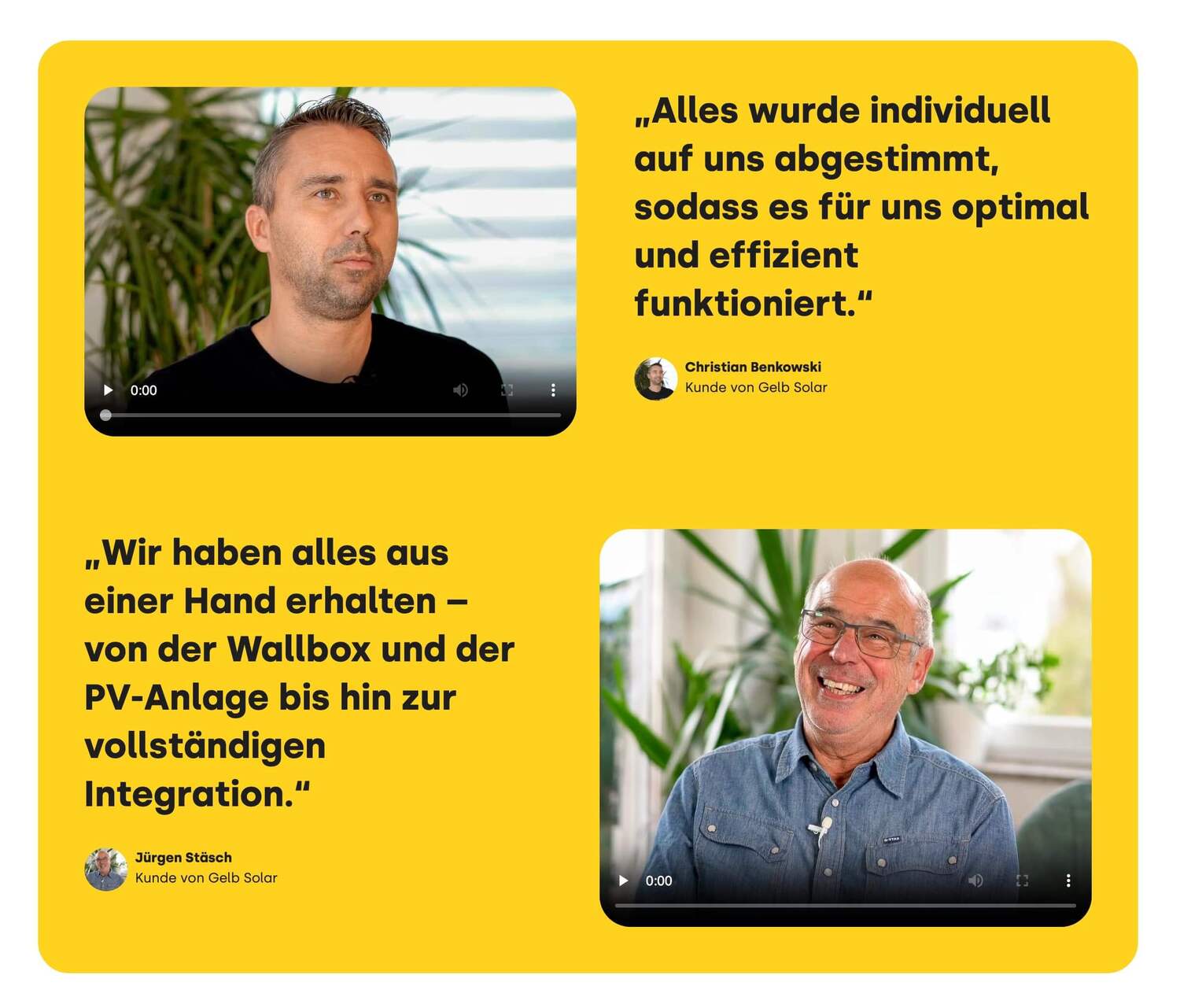 Testimonials von Kunden bei Gelb Solar eingebunden auf der Website