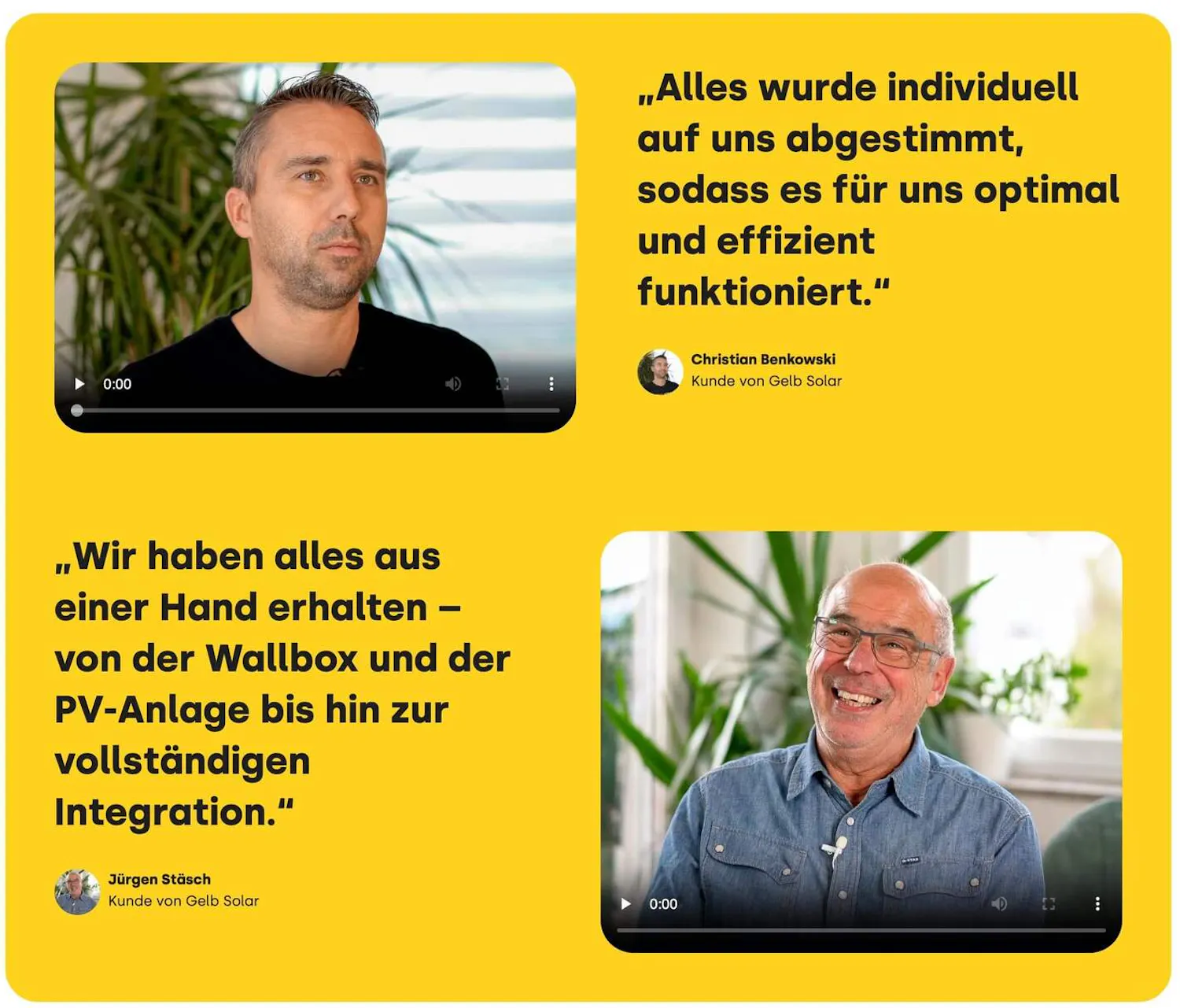 Testimonials von Kunden bei Gelb Solar eingebunden auf der Website
